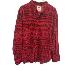 Vintage Levis Mens Flannel Button Up Shirt Button Down Red Aztec Size XL Western